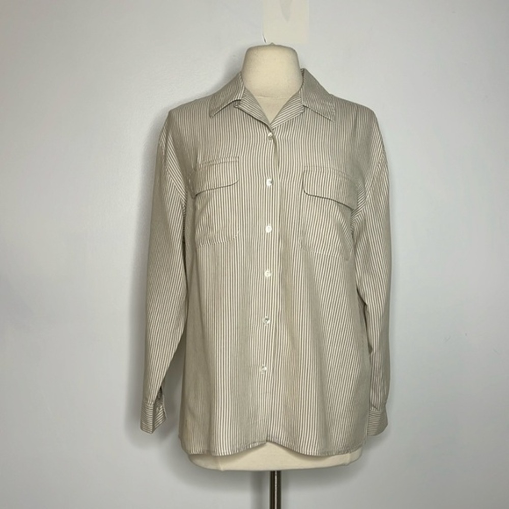 Talbots women’s white and tan striped silk buttondown shirt size 12
